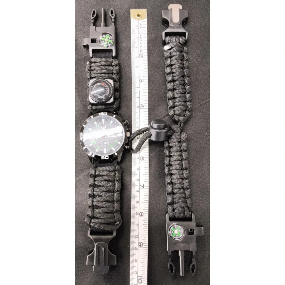 Pro-4 Tactical Survival Watch Paracord Whistle Compass Fire Starter Black #W5143